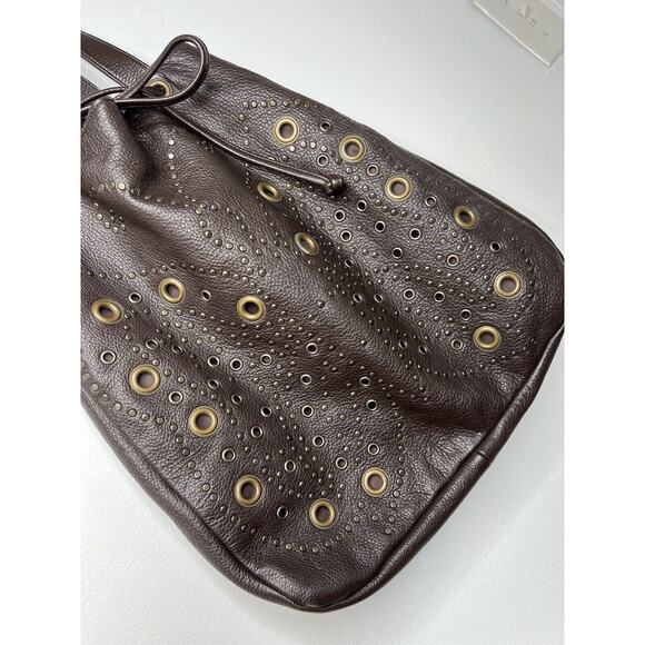 Y2K Hilton Weiner Leather Perforated Purse Studded Brown Bucket Bag Grommets - Picture 9 of 16